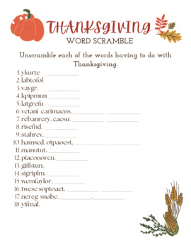 Preview of Thanksgiving Word Scramble