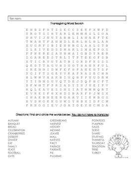 Preview of Thanksgiving Word Search: Find in English, Translate to French on Back