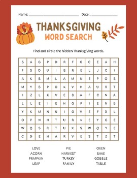 Thanksgiving Word Search by Hailey Solitro | TPT