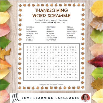 Thanksgiving Word Search 2 by Love Learning Languages - French Resources