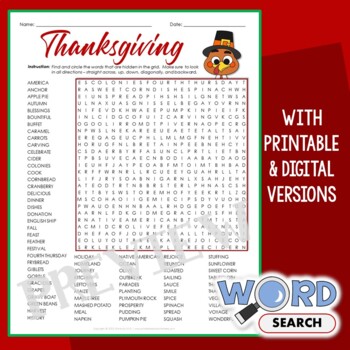 Preview of Hard Thanksgiving Word Search 5th 6th Grade Puzzle Vocabulary Activity Worksheet