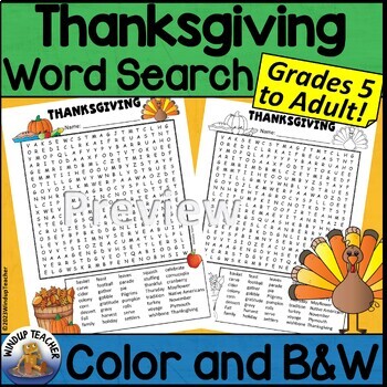 Preview of Thanksgiving Word Search Activity Hard for Grades 5 to Adult