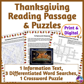Preview of Thanksgiving Word Search & Crossword Puzzles, Reading Passage - Print & Digital