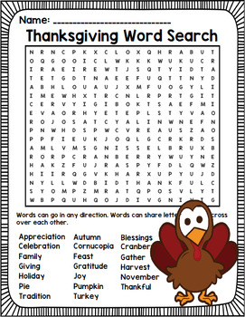 Thanksgiving Word Search Puzzle Worksheet Activity | TPT
