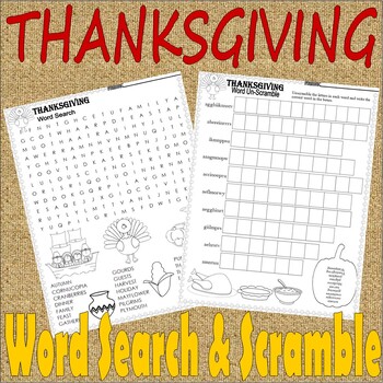 Preview of Thanksgiving Word Search & Scramble Activities NO PREP Fun Literacy Worksheets