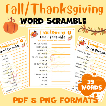 Preview of Thanksgiving Word scramble Search Puzzle game Fall Crossword worksheets 5th 6th