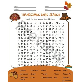Thanksgiving Word search Game-Worksheet by biologystem | TPT
