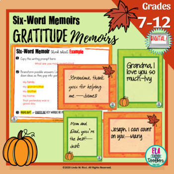 Preview of Thanksgiving Writing Activity for Middle School | Gratitude Memoirs | Digital