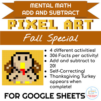 Preview of Thanksgiving Yellow Turkey Pixel Art Addition and Subtraction Bundle