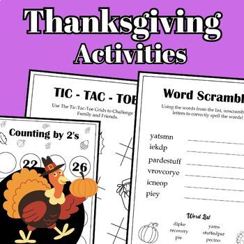 Preview of Thanksgiving activities Word Scramble,TIC-TAC-TOE,math and counting worksheets