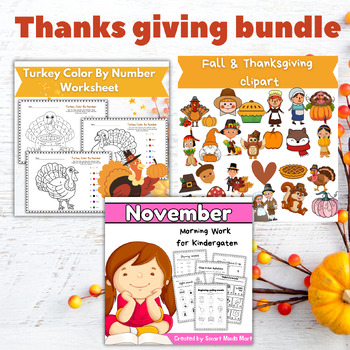 Preview of Thanksgiving activities bundle:Clipart,Color by code,morning work worksheets