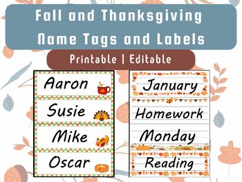 Preview of Thanksgiving and Fall Themed Name Tags and Labels | Editable and Printable