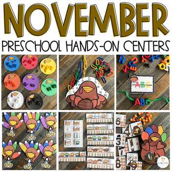 Preview of Thanksgiving Math and Literacy Centers Preschool November Morning Bins