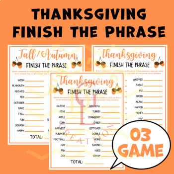 Preview of Thanksgiving fall Finish The Phrase Game word problem social studies middle 5th