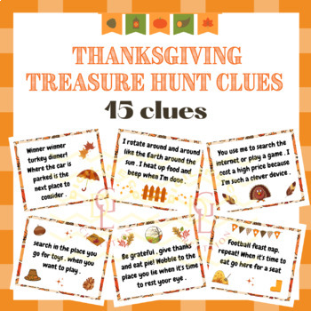 Preview of Thanksgiving fall scavenger treasure Hunt context Clues task cards game 2nd 3rd