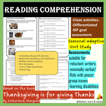 Preview of Thanksgiving is for giving Thanks- Reading Comprehension Adaptive Unit