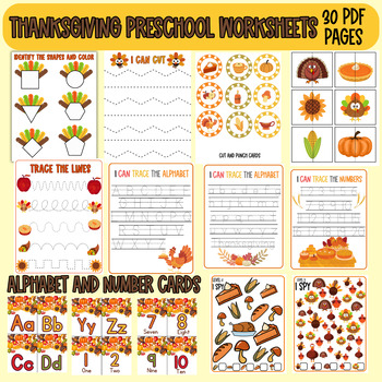 Preview of Thanksgiving preschool Worksheets Bundle, Preschool curriculum, First learning b