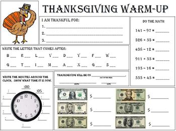Preview of Thanksgiving warm up Worksheet