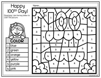 100th day of school activities color by number worksheets and writing pages