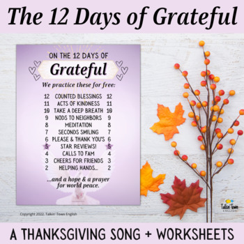 Preview of The 12 Days of Grateful Christmas Gratitude Song Lyrics and Worksheets