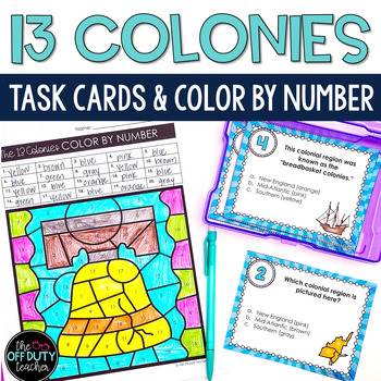Preview of The 13 Colonies - Colonial America Task Cards and Color by Number Activity