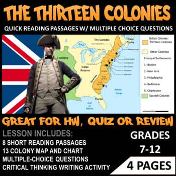 Preview of The 13 Colonies | Quick Reading Passages w/ Multiple-Choice Questions
