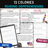 The 13 Colonies Reading Comprehension Passage Quiz,Digital