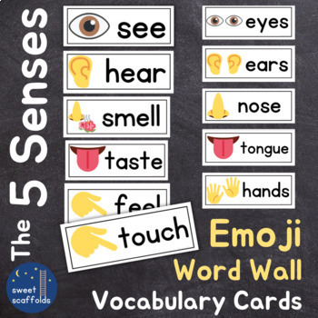 Preview of The 5 Senses + Body Parts: ESL Word Wall Vocabulary Cards with Emoji Visuals