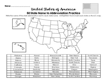 Preview of The 50 States of America - Name & Abbreviation Practice Worksheet