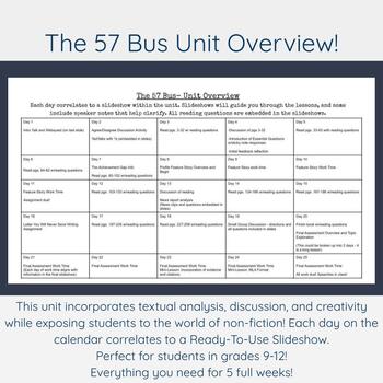 Preview of The 57 Bus 5 Week Unit - Calendar, Daily Slides, Reading ?s, Final Assessment!