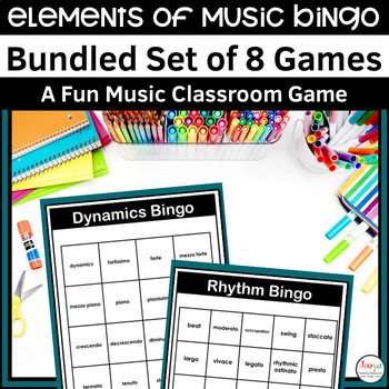 Preview of The 8 Elements of Music Bingo Classroom Game Bundle | Music Term Revision Game