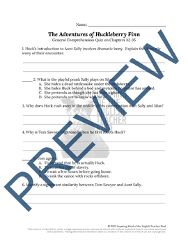 The Adventures of Huckleberry Finn by Mark Twain Quiz and Answer Key Bundle