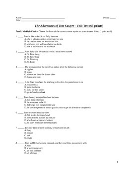 Preview of The Adventures of Tom Sawyer- Test and Answer Key