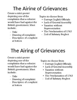Preview of The Airing of Grievances- Colonial Grievances Mini Poster