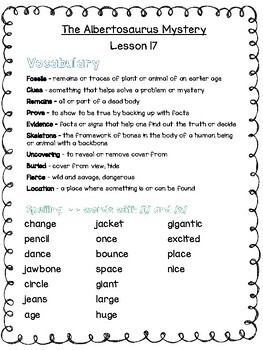 Preview of The Albertosaurus Mystery - Spelling and Vocabulary Words