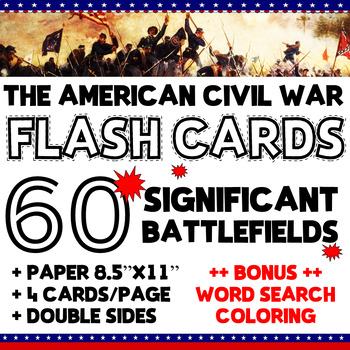 Preview of The American Civil War | Double Sides 60 Flashcards. Significant Battlefields.