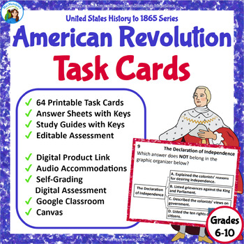 Preview of Digital/Printable American Revolution Task Cards, Editable Assessment, & More