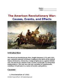 Preview of The American Revolutionary War: Causes, Events, and Effects Worksheet Packet!