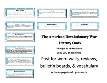 Preview of The American Revolutionary War Common Core Aligned Literacy Cards