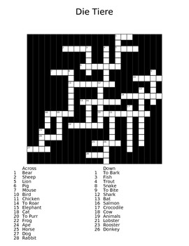 Preview of The Animals (die Tiere) German Crossword Puzzle with Answer Sheet