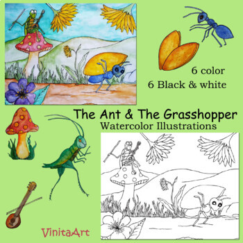Preview of The Ant and The Grasshopper Aesop's Fables Watercolor Illustration clipart