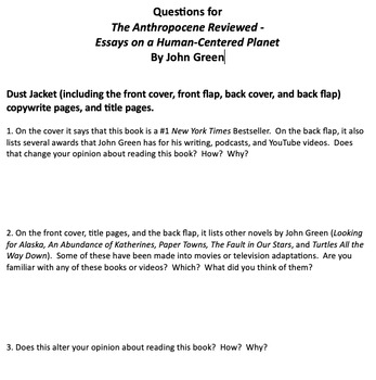 Preview of The Anthropocene Reviewed novel - Questions and Answer Key