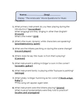 Preview of The Aristocats Movie Questions for Music Education Elementary & Middle