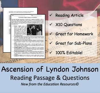 Preview of The Ascension of Lyndon Johnson - Reading Comprehension Passage & Questions