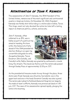 Preview of The Assassination of John F Kennedy Worksheet No Prep Homework