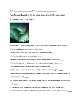 Preview of The Aurora Borealis: A Science Quiz/ True/False with answer key
