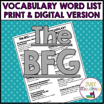 Preview of The BFG by Roald Dahl Vocabulary Word List