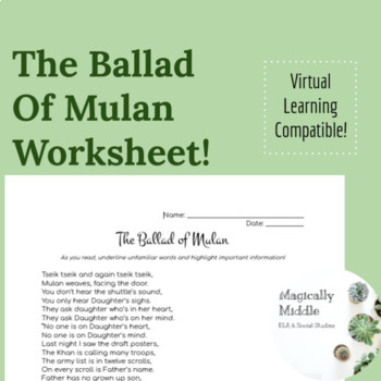 Preview of The Ballad of Mulan Worksheet (Ancient China Primary Source!)
