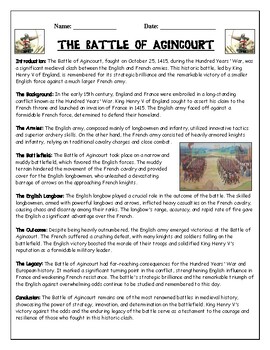 Preview of The Battle of Agincourt: Reading Comprehension| Questions| Crossword