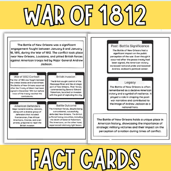 Preview of The Battle of New Orleans War of 1812 Fact Cards